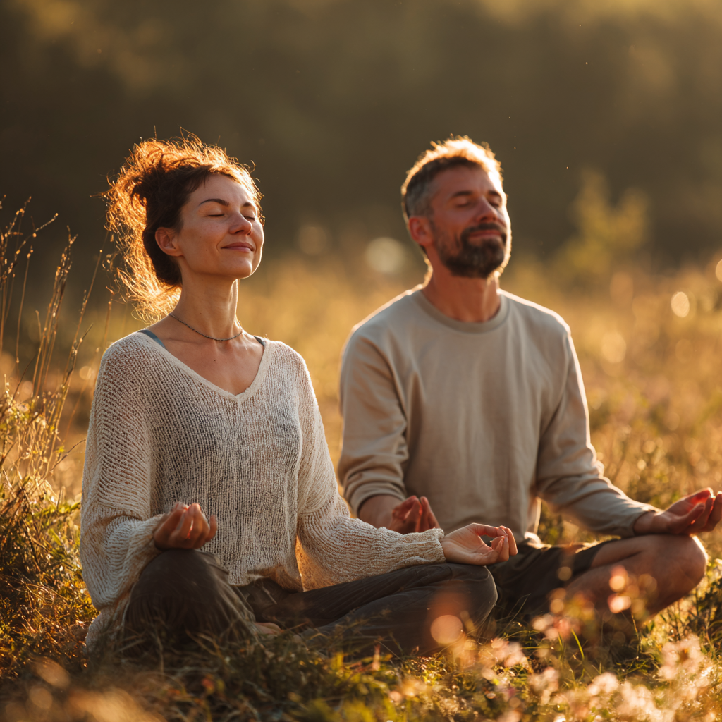 Smiling middle-aged Ukrainian woman practicing yoga in peaceful outdoor setting, demonstrating strength and tranquility
